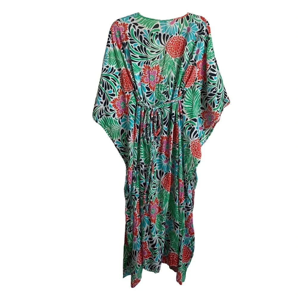 Milly New York Floral Kaftan Midi Dress Beaded Green P Blue 8 Resortwear Luxury - Picture 7 of 10